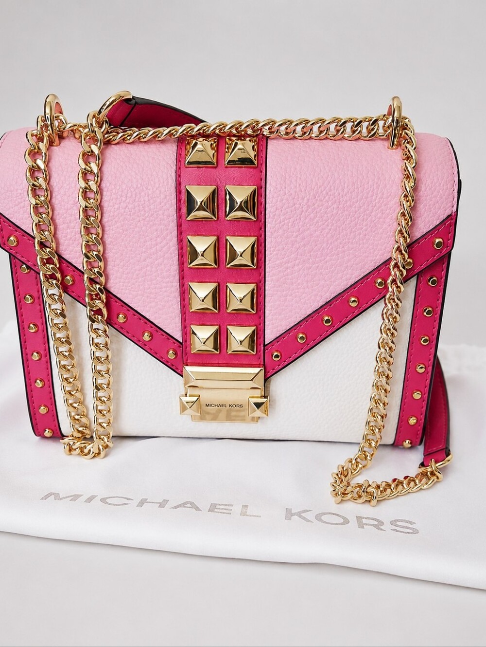 NEW Michael Kors Pink Whitney Gold Studded Crossbody With Dustbag